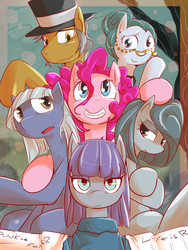 Size: 900x1200 | Tagged: safe, artist:suzumaru, cloudy quartz, igneous rock pie, limestone pie, marble pie, maud pie, pinkie pie, pony, g4, clothes, glasses, hat, looking at you, open mouth, pie family, pie sisters, ship:quartzrock, siblings, sisters, smiling, unamused
