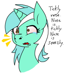 Size: 1528x1744 | Tagged: artist needed, safe, lyra heartstrings, pony, unicorn, g4, allergies, crying, cute, female, humor, nose wrinkle, nostril flare, nostrils, pre sneeze, reddened eyes, sneezing, sneezy, snout, solo