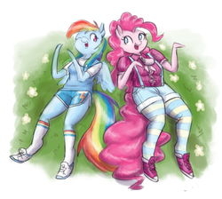 Size: 1116x1000 | Tagged: safe, artist:king-kakapo, pinkie pie, rainbow dash, anthro, g4, arm hooves, clothes, duo, duo female, female, laughing, shorts, sneakers, socks, striped socks, tights