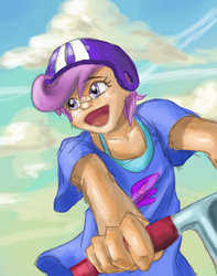 Size: 500x633 | Tagged: safe, artist:mimosapixie, scootaloo, human, g4, bandaid, bandaid on nose, female, happy, humanized, open mouth, scooter, sketch, solo