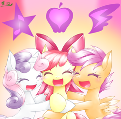 Size: 1000x979 | Tagged: safe, artist:hashioaryut, apple bloom, scootaloo, sweetie belle, earth pony, pegasus, pony, unicorn, crusaders of the lost mark, g4, cutie mark, cutie mark crusaders, eyes closed, group hug, happy, hug, open mouth, open smile, pixiv, smiling, the cmc's cutie marks