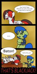 Size: 1180x2366 | Tagged: safe, artist:ethaes, oc, oc only, oc:blackjack, oc:scotch tape, pony, unicorn, fallout equestria, fallout equestria: project horizons, amputee, bandage, baton, blind, comic, dark comedy, fallout, female, joke, mare, oh you, pipbuck, quote, sausagejack