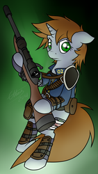 Size: 1080x1920 | Tagged: safe, artist:ethaes, oc, oc only, oc:littlepip, pony, unicorn, fallout equestria, bandage, clothes, fallout, fanfic, fanfic art, female, glowing horn, gradient background, gun, hooves, horn, jumpsuit, levitation, magic, mare, optical sight, pipbuck, rifle, scope, simple background, solo, stable dweller, telekinesis, vault suit, weapon
