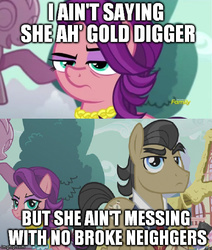 Size: 500x590 | Tagged: safe, edit, edited screencap, screencap, filthy rich, spoiled rich, earth pony, pony, crusaders of the lost mark, g4, female, gold digger, image macro, male, mare, meme, rap, semi-vulgar, ship:spoilthy, stallion