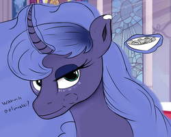 Size: 2500x2000 | Tagged: safe, artist:chapaevv, princess luna, g4, curved horn, dumplings, eating, female, food, high res, horn, pelmeshki, s1 luna, solo