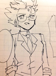 Size: 600x801 | Tagged: safe, artist:hamada, spitfire, human, g4, clothes, female, glasses, humanized, lined paper, monochrome, necktie, solo, speech bubble, traditional art