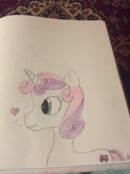 Size: 1936x2592 | Tagged: safe, sweetie belle, pony, unicorn, crusaders of the lost mark, g4, blushing, cute, female, filly, heart, smiling, solo, the cmc's cutie marks, traditional art