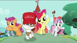 Size: 1920x1080 | Tagged: safe, screencap, apple bloom, dinky hooves, liza doolots, petunia, pipsqueak, ruby pinch, scootaloo, sweetie belle, tootsie flute, earth pony, pony, crusaders of the lost mark, g4, cap, colt, cutie mark crusaders, donald trump, hat, make america great again, male