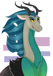 Size: 800x1142 | Tagged: safe, artist:pastel-circus, oc, oc only, oc:cassian, changeling, draconequus, hybrid, interspecies offspring, long neck, male, offspring, parent:discord, parent:queen chrysalis, parents:discolis, solo