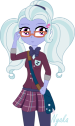 Size: 738x1227 | Tagged: safe, artist:nyaka2014, sugarcoat, equestria girls, g4, my little pony equestria girls: friendship games, bag, bowtie, clothes, crystal prep academy, crystal prep academy uniform, crystal prep shadowbolts, female, glasses, satchel, school uniform, signature, simple background, skirt, solo, sugarcute, transparent background, vector