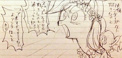 Size: 599x286 | Tagged: safe, artist:hamada, applejack, rainbow dash, g4, clothes, female, floral head wreath, flower, japanese, lined paper, monochrome, solo, traditional art, translation request, yelling