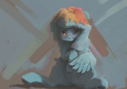 Size: 3657x2572 | Tagged: safe, artist:sharpieboss, rainbow dash, g4, cold, covering, female, floppy ears, fluffy, high res, looking at you, painting, sitting, solo, underhoof, wing hands
