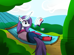 Size: 4000x3000 | Tagged: safe, artist:dazed-and-wandering, rarity, pony, unicorn, g4, clothes, cup, female, hammock, lying down, magic, mare, on side, pants, reading, solo, tea, teacup, telekinesis