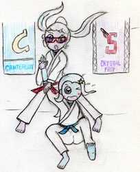 Size: 1139x1398 | Tagged: safe, anonymous artist, sugarcoat, trixie, equestria girls, g4, my little pony equestria girls: friendship games, barefoot, blue belt, clothes, feet, gi, judo, pants, red belt, robe, traditional art