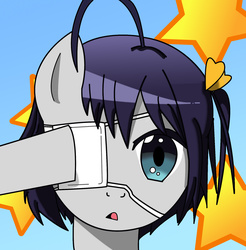 Size: 1812x1842 | Tagged: safe, artist:autumnbrush, earth pony, pony, ahoge, bust, chuunibyou, chuunibyou demo koi ga shitai!, eyepatch, female, looking at you, mare, ponified, portrait, rikka takanashi, solo