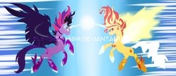 Size: 1600x693 | Tagged: safe, artist:fly-sky-high, sci-twi, sunset shimmer, twilight sparkle, pony, equestria girls, g4, my little pony equestria girls: friendship games, daydream shimmer, equestria girls ponified, midnight sparkle, ponified, watermark