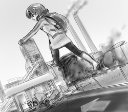 Size: 1185x1032 | Tagged: safe, artist:alloyrabbit, dj pon-3, vinyl scratch, equestria girls, g4, background human, city, clothes, destruction, female, giantess, headphones, industrial, macro, monochrome, solo