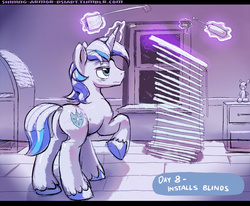 Size: 1000x824 | Tagged: safe, artist:gsphere, shining armor, pony, unicorn, g4, aura, blinds, butt, cute, frown, furniture, levitation, magic, male, measuring tape, plot, raised hoof, screwdriver, shieldbutt, shining armor does something i also did today, solo, stallion, telekinesis, unamused, wavy mouth