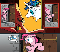 Size: 945x821 | Tagged: safe, idw, pinkie pie, shining armor, g4, crossing the memes, exploitable meme, hello, meme, screaming armor, surprise door