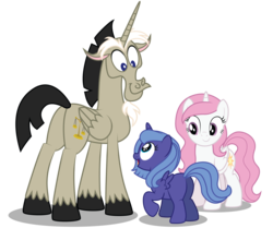 Size: 2813x2481 | Tagged: safe, artist:aleximusprime, discord, princess celestia, princess luna, alicorn, pony, g4, accord (alicorn), cewestia, filly, high res, pink-mane celestia, ponified, simple background, transparent background, woona, younger