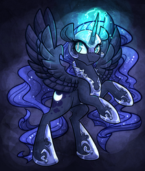 Size: 800x950 | Tagged: safe, artist:azimooth, nightmare moon, g4, female, glowing horn, horn, rearing, solo, spread wings