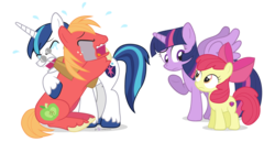 Size: 1160x600 | Tagged: safe, artist:dm29, apple bloom, big macintosh, shining armor, twilight sparkle, alicorn, pony, crusaders of the lost mark, g4, big brother ponies, brother and sister, brothers gonna brother, confused, crying, crying armor, cutie mark, female, hug, liquid pride, mare, ocular gushers, simple background, the cmc's cutie marks, transparent background, twilight sparkle (alicorn)