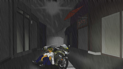 Size: 3000x1686 | Tagged: safe, artist:prats1983, oc, oc only, oc:thunder, anthro, motorcycle, rain, solo
