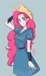 Size: 538x874 | Tagged: dead source, safe, artist:apzzang, pinkie pie, human, g4, blushing, clothes, equestria girls outfit, female, humanized, simple background, smiling, solo