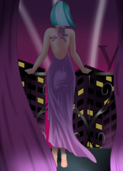Size: 900x1250 | Tagged: safe, artist:viracon, coco pommel, human, g4, alternative cutie mark placement, ass, back, barefoot, butt, city, city lights, clothes, dress, feet, female, humanized, manehattan, open-back dress, searchlight, solo, stupid sexy coco pommel