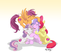 Size: 3542x3096 | Tagged: safe, artist:strixmoonwing, apple bloom, diamond tiara, scootaloo, sweetie belle, earth pony, pegasus, pony, unicorn, crusaders of the lost mark, g4, backwards cutie mark, blushing, crying, cute, cutie mark, cutie mark crusaders, eyes closed, female, filly, floppy ears, flying, forgiveness, gradient background, high res, hug, open mouth, sitting, smiling, tears of joy, the cmc's cutie marks, tiaralove, wink