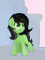 Size: 1200x1600 | Tagged: safe, oc, oc only, oc:anon, oc:filly anon, /mlp/, age regression, female, filly, grin, implied transformation, implied transgender transformation, mischievous, solo