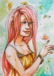 Size: 429x600 | Tagged: safe, artist:schpog, fluttershy, butterfly, human, g4, female, humanized, slavage, solo, traditional art