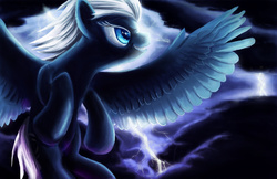 Size: 1024x663 | Tagged: safe, artist:fox-moonglow, night glider, g4, dark, epic, female, flying, lightning, smiling, solo, storm