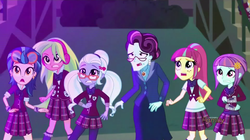 Size: 1280x717 | Tagged: safe, screencap, indigo zap, lemon zest, principal abacus cinch, sour sweet, sugarcoat, sunny flare, equestria girls, g4, my little pony equestria girls: friendship games, clothes, crystal prep academy, crystal prep academy uniform, crystal prep shadowbolts, discovery family logo, scared, school uniform, shadow five, worried