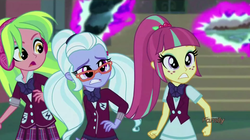 Size: 1280x717 | Tagged: safe, screencap, lemon zest, sour sweet, sugarcoat, equestria girls, g4, my little pony equestria girls: friendship games, clothes, crystal prep academy, crystal prep academy uniform, crystal prep shadowbolts, discovery family logo, portals, school uniform, worried