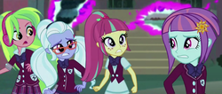 Size: 1697x717 | Tagged: safe, composite screencap, edit, edited screencap, screencap, lemon zest, sour sweet, sugarcoat, sunny flare, equestria girls, g4, my little pony equestria girls: friendship games, clothes, crystal prep academy, crystal prep academy uniform, crystal prep shadowbolts, guilty, panorama, portals, scared, school uniform