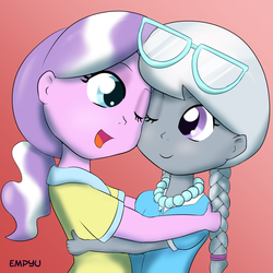 Size: 1000x1000 | Tagged: safe, artist:empyu, diamond tiara, silver spoon, equestria girls, g4, 30 minute art challenge, duo, face to face, glasses, hug, smiling, wink