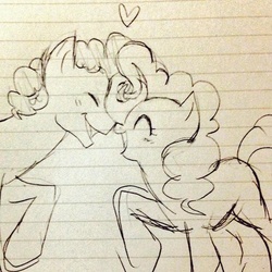 Size: 600x600 | Tagged: safe, artist:hamada, cheese sandwich, pinkie pie, g4, eyes closed, female, heart, lined paper, male, monochrome, nuzzling, open mouth, ship:cheesepie, shipping, straight, traditional art