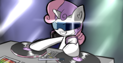 Size: 2300x1188 | Tagged: safe, artist:misterbrony, sweetie belle, g4, female, headphones, solo, sunglasses