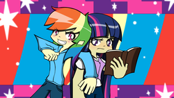 Size: 3840x2160 | Tagged: safe, artist:misterbrony, rainbow dash, twilight sparkle, human, g4, blushing, book, high res, humanized, panty and stocking with garterbelt, reading, style emulation, wallpaper