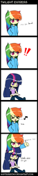 Size: 2622x11876 | Tagged: safe, artist:misterbrony, rainbow dash, twilight sparkle, human, g4, comic, cute, exclamation point, humanized, music notes, reading