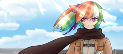 Size: 5000x2200 | Tagged: safe, artist:misterbrony, rainbow dash, human, g4, attack on titan, clothes, female, humanized, scarf, solo