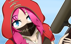 Size: 1280x800 | Tagged: safe, artist:misterbrony, pinkie pie, human, g4, angry, cleavage, crossover, female, gun, humanized, mask, optical sight, rifle, sniper, sniper (tf2), sniper rifle, solo, team fortress 2, weapon