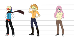 Size: 1600x791 | Tagged: safe, artist:misterbrony, applejack, fluttershy, rainbow dash, human, g4, blushing, boots, clothes, converse, humanized, off shoulder, shoes, sneakers, sweater, sweatershy