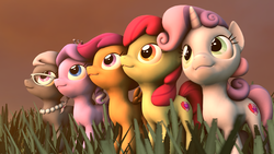 Size: 1920x1080 | Tagged: safe, artist:sugarcube-cake, apple bloom, diamond tiara, scootaloo, silver spoon, sweetie belle, crusaders of the lost mark, g4, 3d, cute, cutie mark, cutie mark crusaders, grass, grin, looking up, smiling, source filmmaker, the cmc's cutie marks