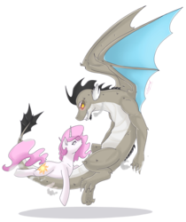 Size: 1024x1218 | Tagged: dead source, safe, artist:craftedfun3, discord, princess celestia, dragon, pony, unicorn, g4, dragon discord, dragonified, eye contact, female, frown, glare, grin, male, missing accessory, pink-mane celestia, pouting, race swap, riding, ship:dislestia, shipping, smirk, species swap, straight, unicorn celestia