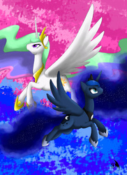 Size: 850x1169 | Tagged: safe, artist:wings-dragon, princess celestia, princess luna, alicorn, pony, g4, duo, flying, royal sisters