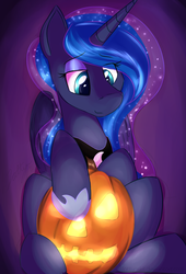 Size: 1700x2500 | Tagged: safe, artist:dripponi, artist:lattynskit, princess luna, g4, female, halloween, happy, jack-o-lantern, nightmare night, pumpkin, simple background, sitting, smiling, solo