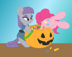 Size: 1009x791 | Tagged: safe, artist:dfectivedvice, artist:midnightblitzz, color edit, maud pie, pinkie pie, g4, candy, colored, cute, halloween, holiday, jack-o-lantern, nightmare night, pumpkin