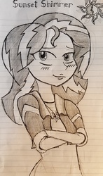 Size: 2988x5069 | Tagged: safe, artist:missmayaleanne, sunset shimmer, equestria girls, g4, female, grayscale, lined paper, monochrome, sketch, solo, traditional art